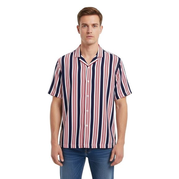 New H&M Relaxed Fit Patterned Resort Shirt - White Red Blue - Men’s Large Oversi - Picture 1 of 7